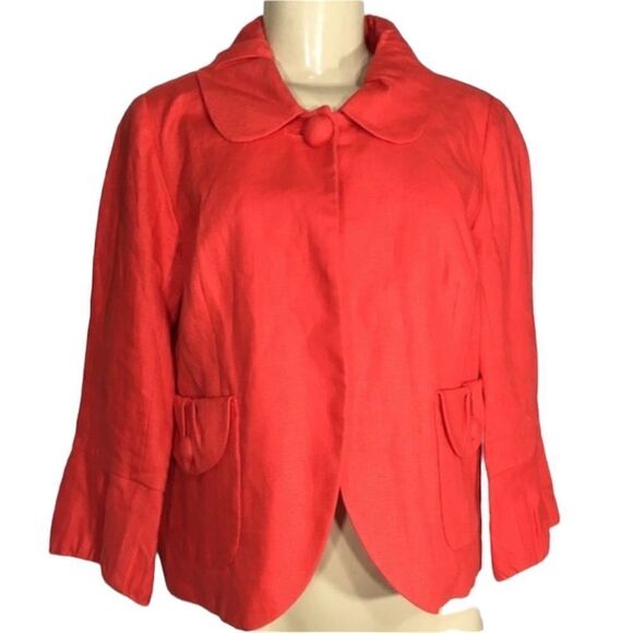 J.CREW‎ 100% LINEN ORANGE RED BELL SLEEVE CROPPED SINGLE BUTTON BLAZER JACKET 6 - Picture 1 of 6
